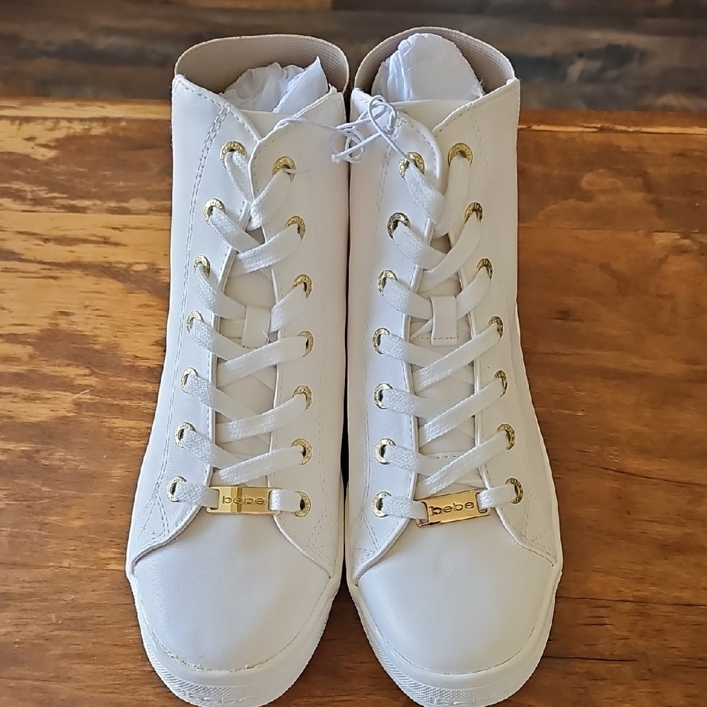 BEBE White High-Top Sneakers with Gold Accents